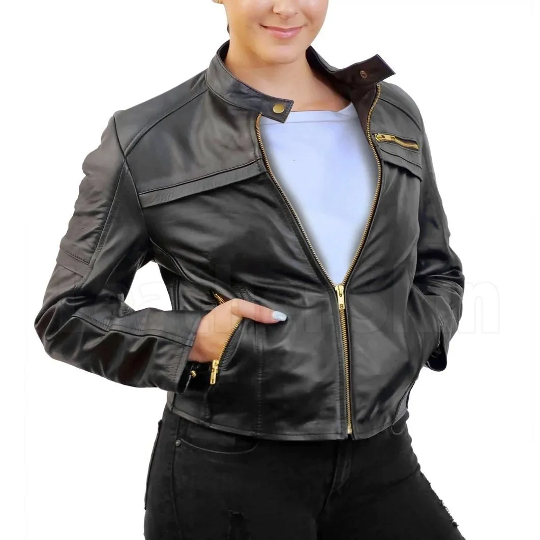 Black Handmade Padded Real Leather Jacket with Gold Zippers