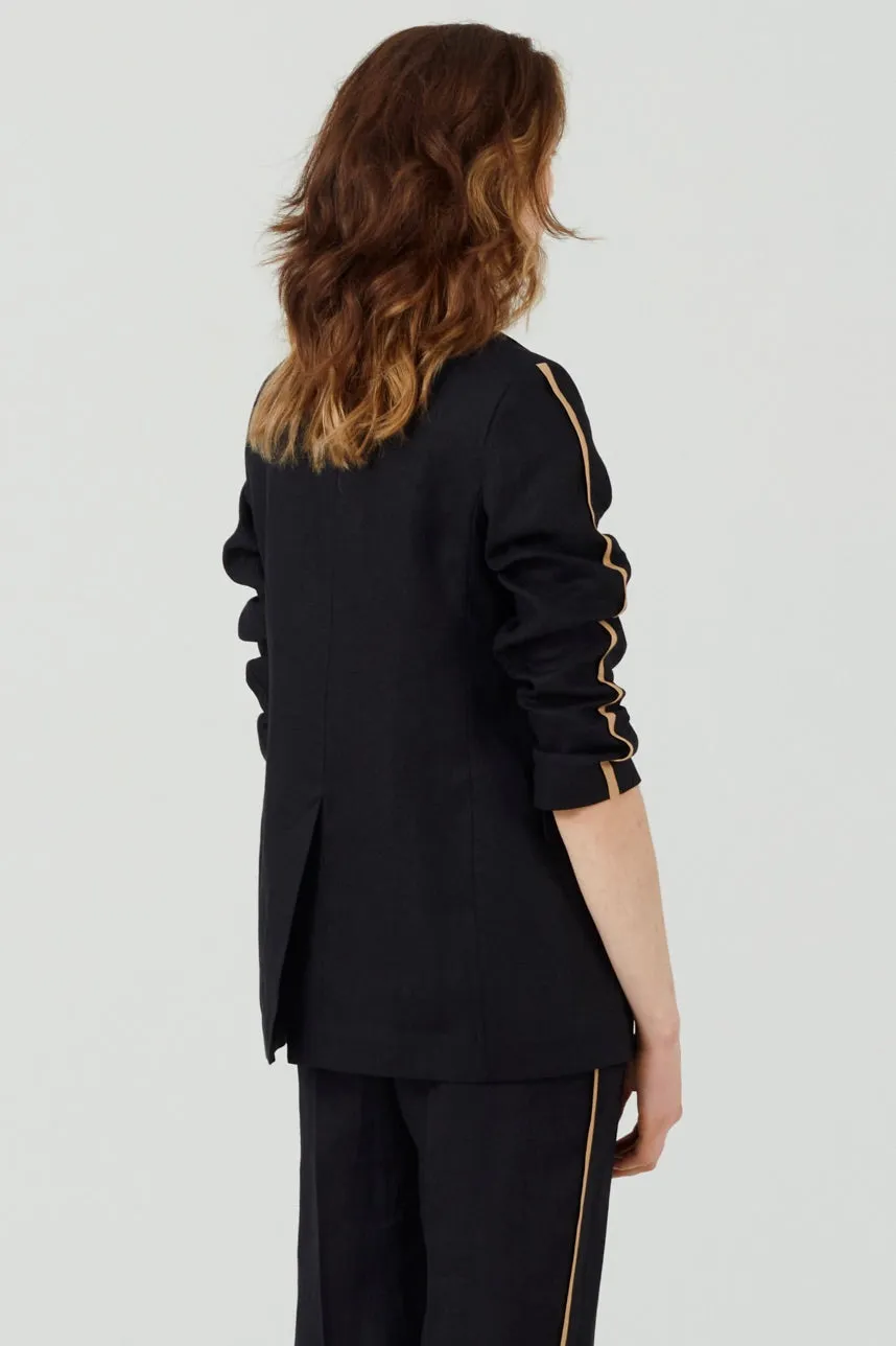 BLACK LINEN SINGLE BREASTED BLAZER STRIPE