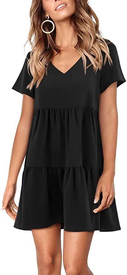 Black Short Sleeve Women Summer Tunic Dress V Neck Casual Loose Flowy Swing Shift Dresses - Amoretu