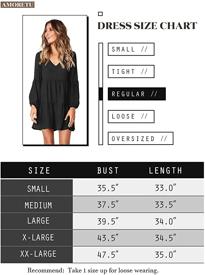 Black Short Sleeve Women Summer Tunic Dress V Neck Casual Loose Flowy Swing Shift Dresses - Amoretu