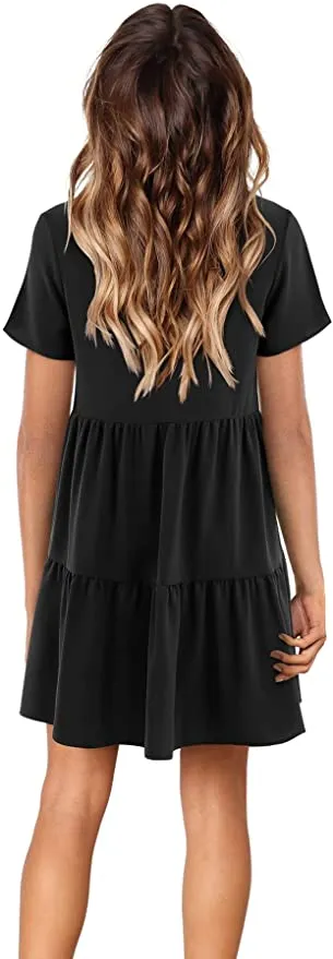 Black Short Sleeve Women Summer Tunic Dress V Neck Casual Loose Flowy Swing Shift Dresses - Amoretu