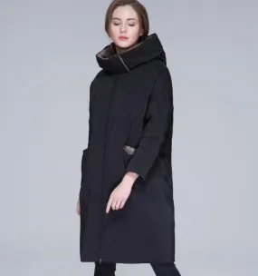 Black Winter Loose Duck Down Jackets Hooded Warm Women Long Down Coat