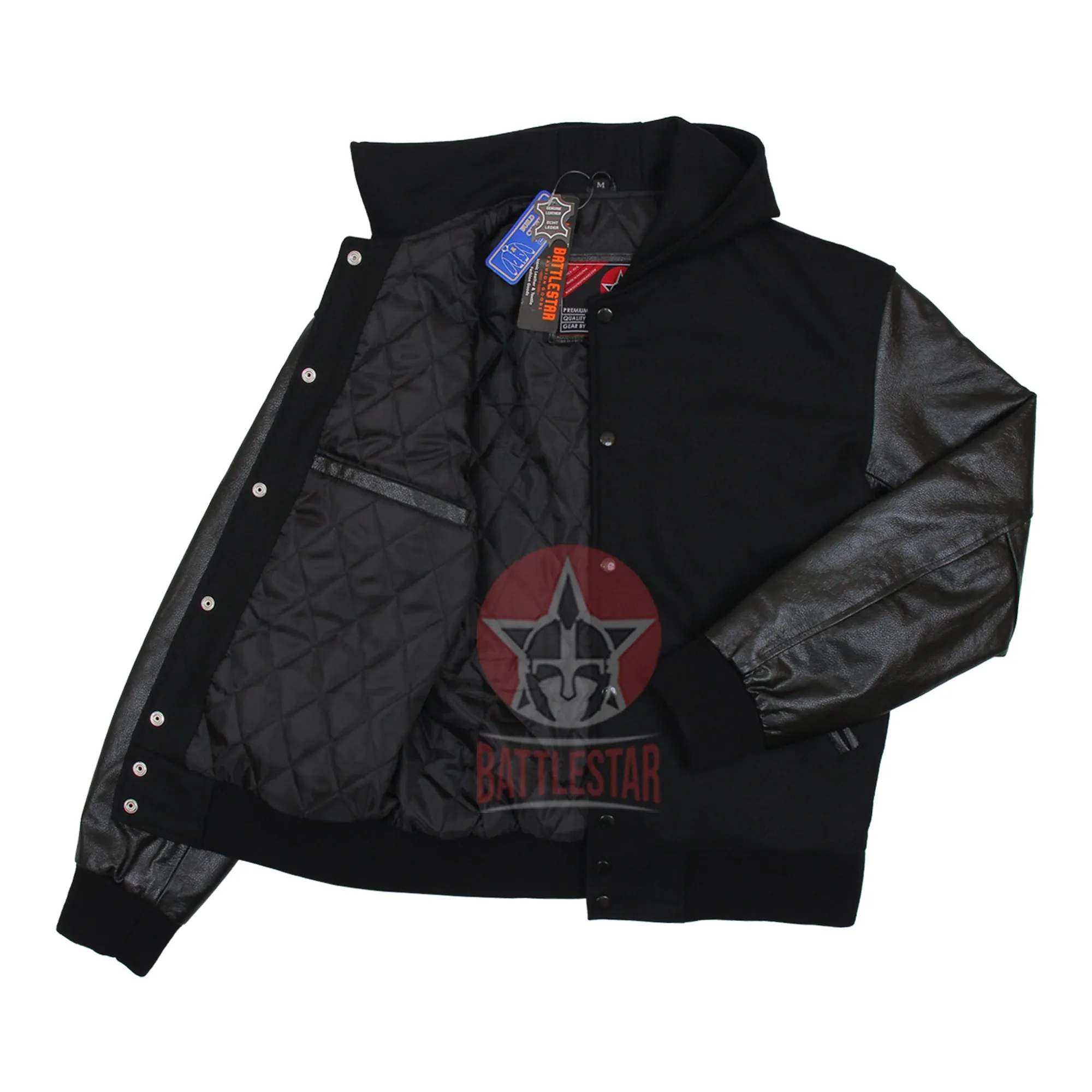 Black Wool Hooded Varsity Jacket Black Leather Sleeves