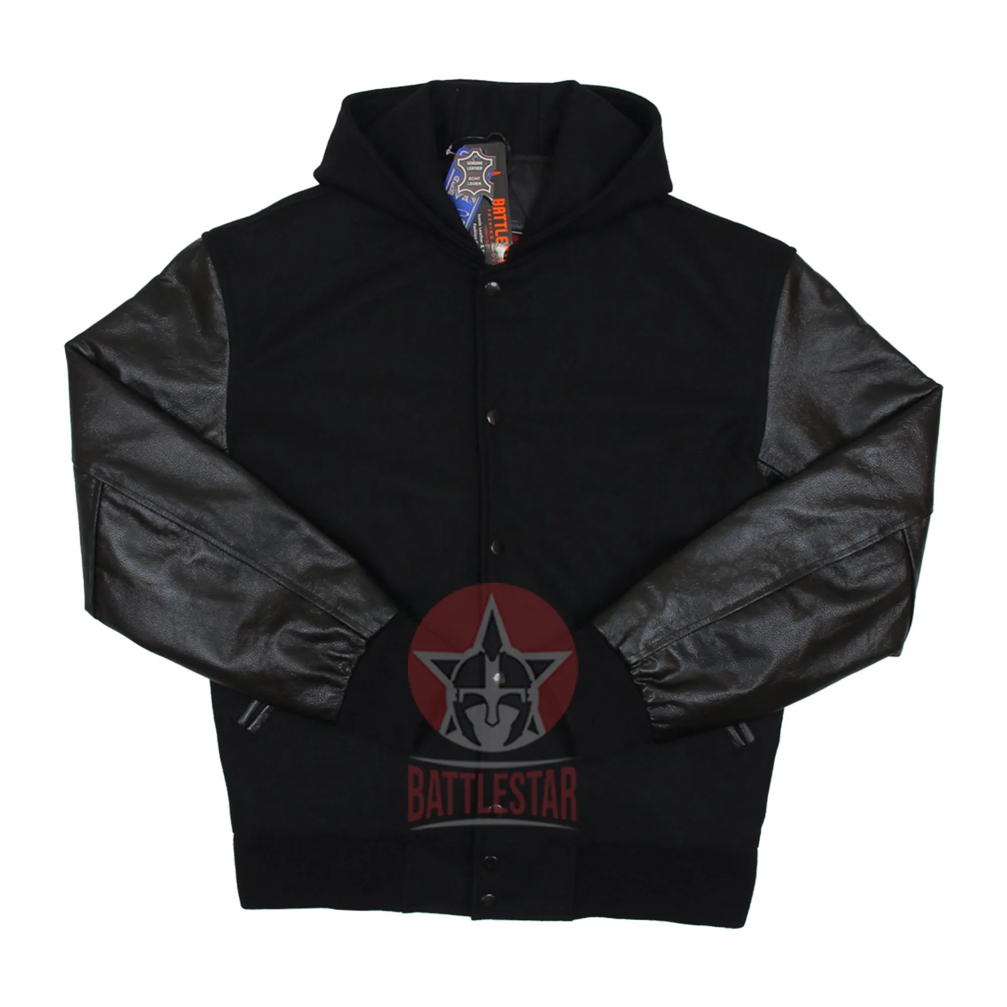 Black Wool Hooded Varsity Jacket Black Leather Sleeves