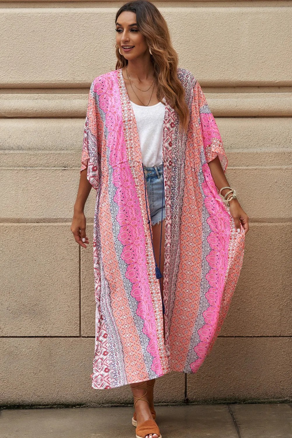 Boho Floral Print Open Front Kimono