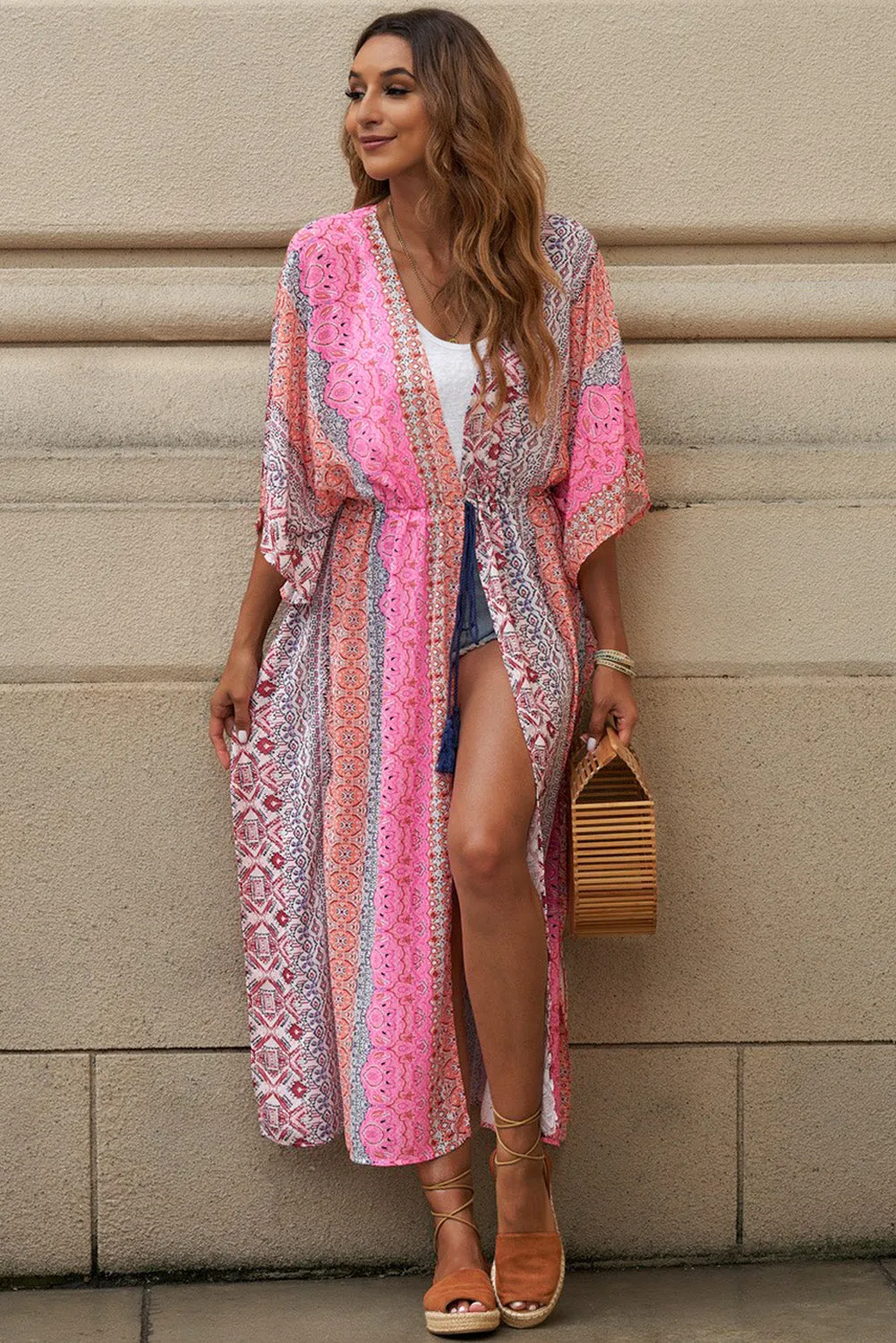 Boho Floral Print Open Front Kimono