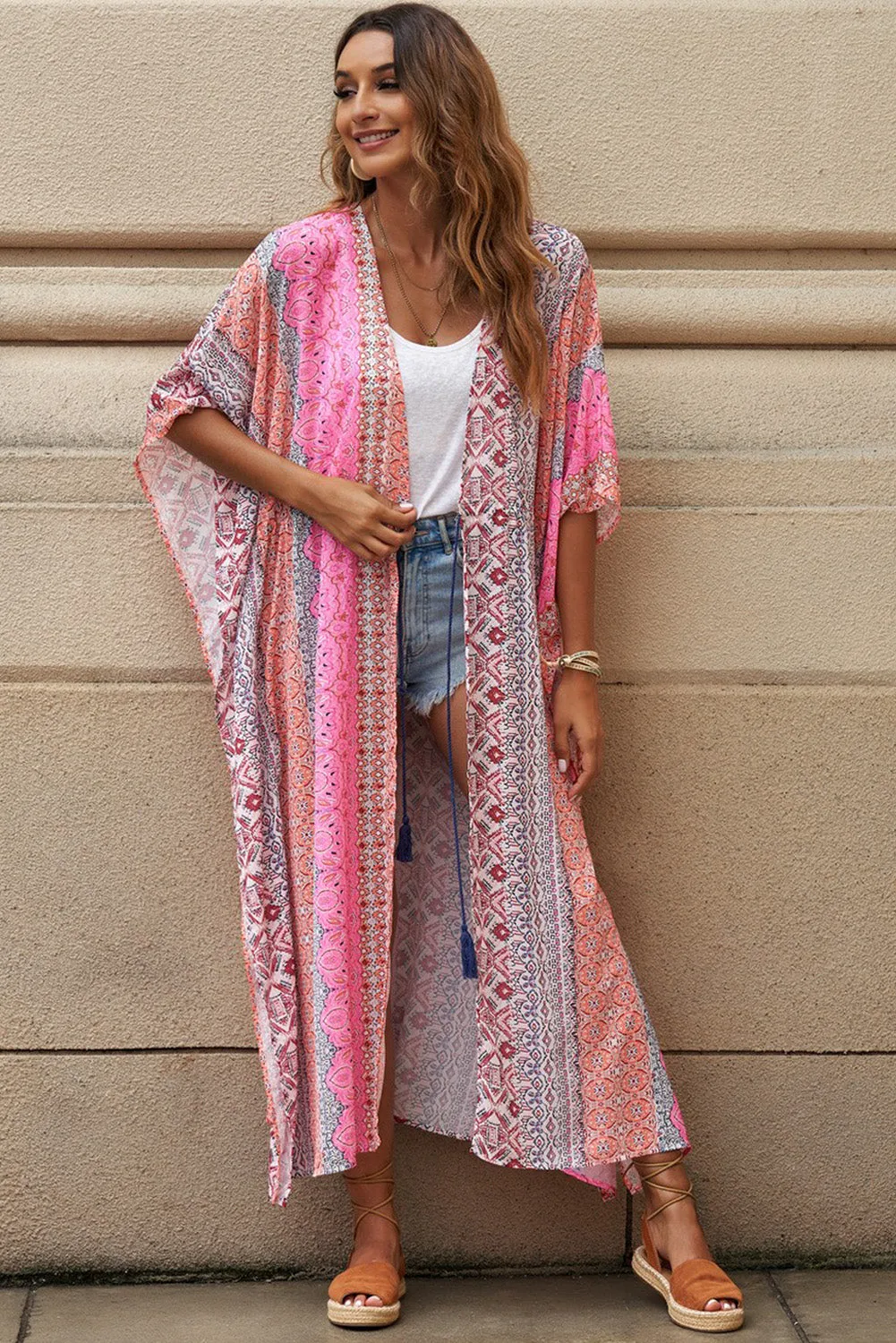 Boho Floral Print Open Front Kimono