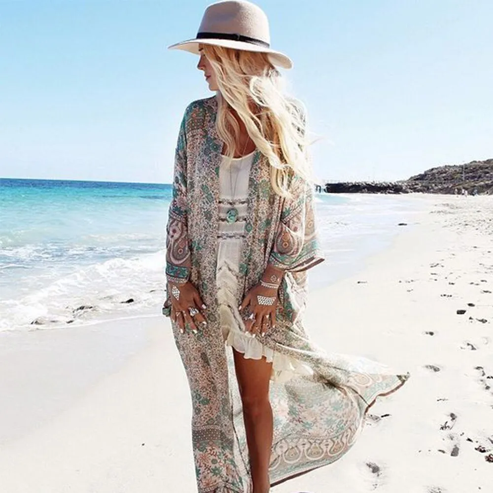 Boho Maxi Kimono Turquoise Tan Floral "Blossom" Full Length Summer Night Wrap Thin Breezy Bohemian Chic Available In Sizes Small Medium Large Or XL