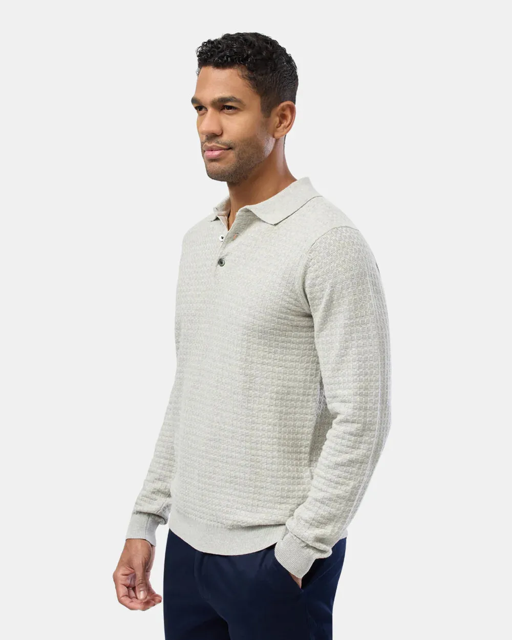 Brooksfield - Textured L/S Cotton Polo Light Grey