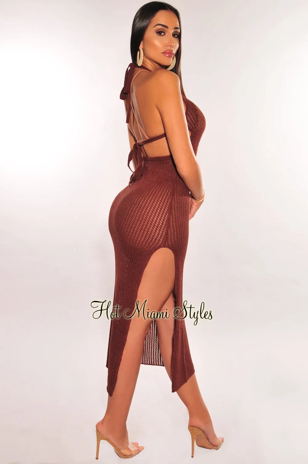 Chocolate Crochet Halter Tie Up Back Slit Cover Up Dress