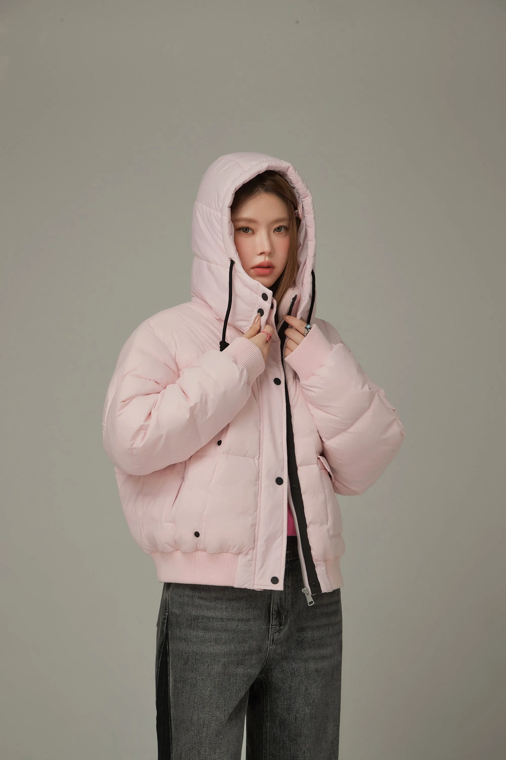 Color Loose Fit Hooded Padded Jacket