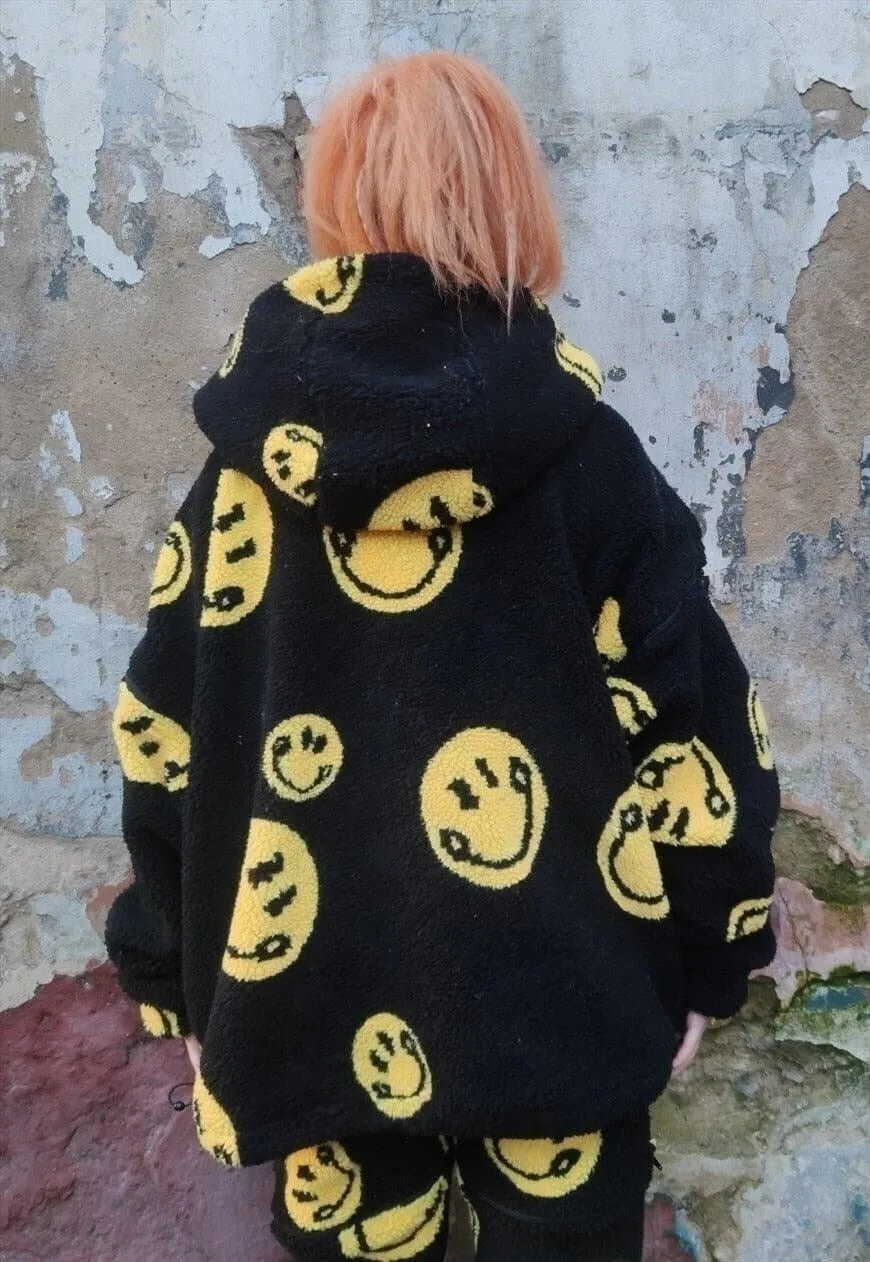 Emoji fleece jacket handmade 2 in 1 retro smile coat black