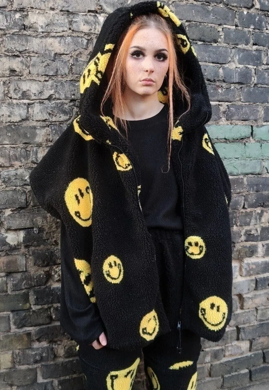 Emoji fleece jacket handmade 2 in 1 retro smile coat black