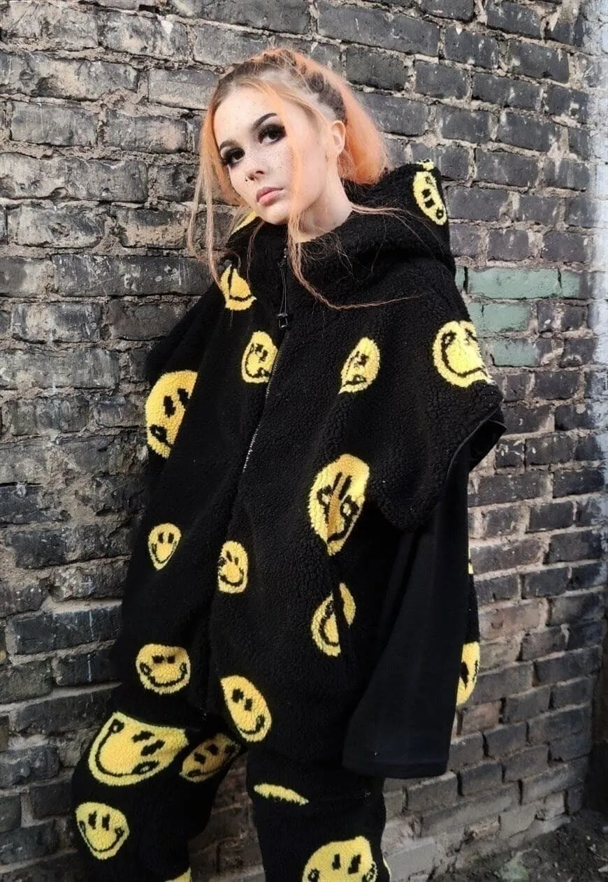 Emoji fleece jacket handmade 2 in 1 retro smile coat black