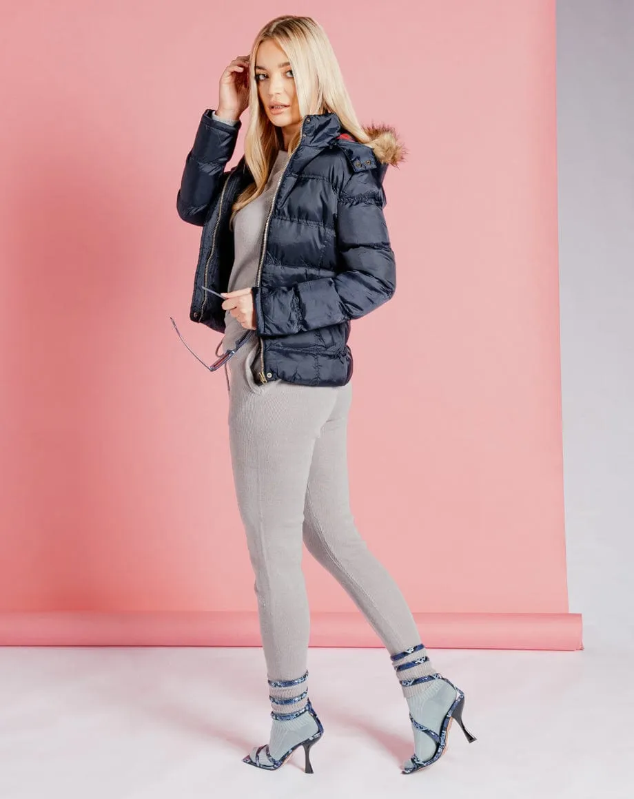 Faux Fur Hood Puffer Jacket - Navy