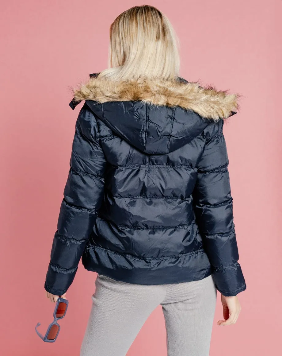 Faux Fur Hood Puffer Jacket - Navy