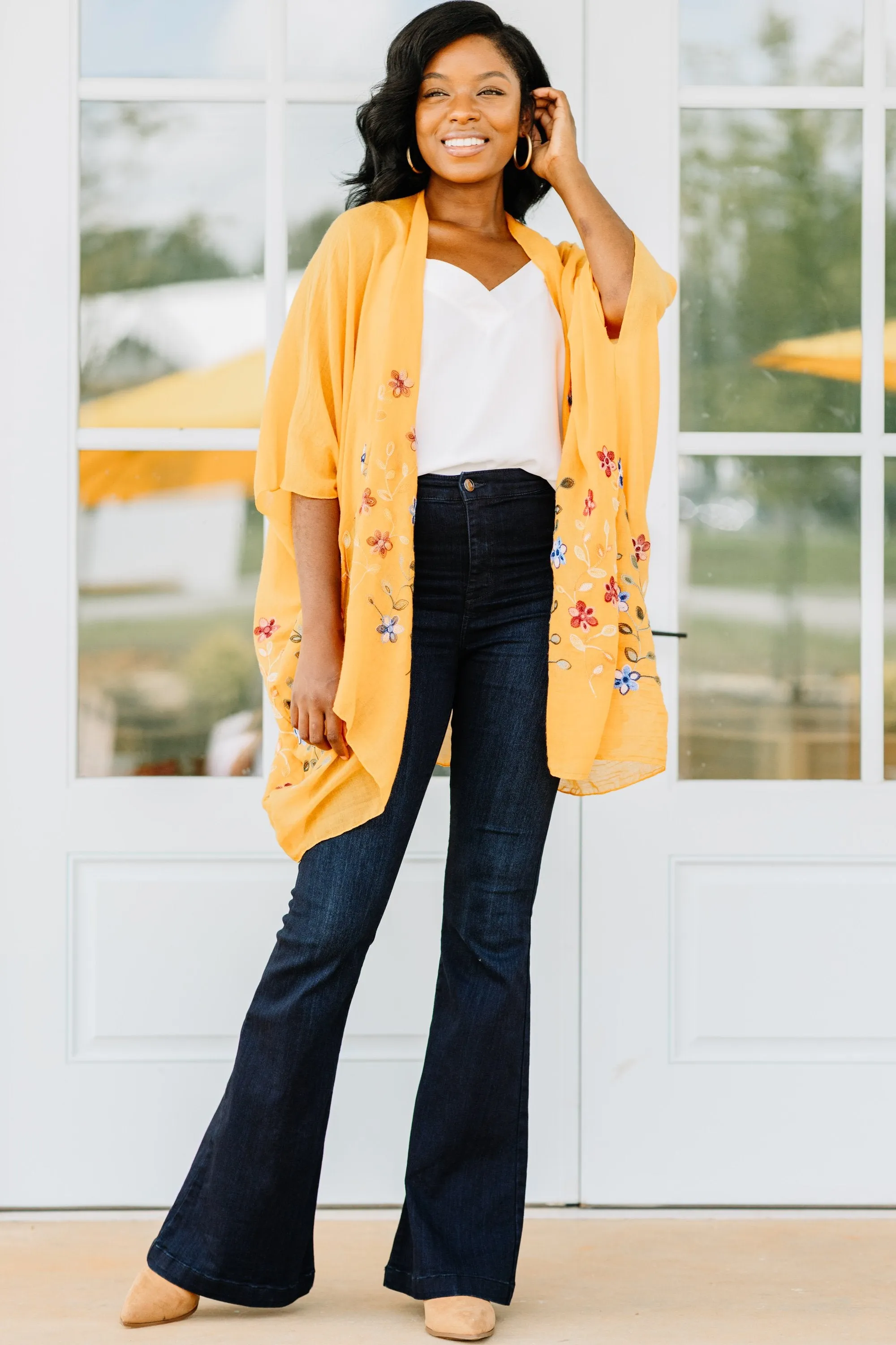 Get Inspired Mustard Yellow Floral Embroidered Kimono