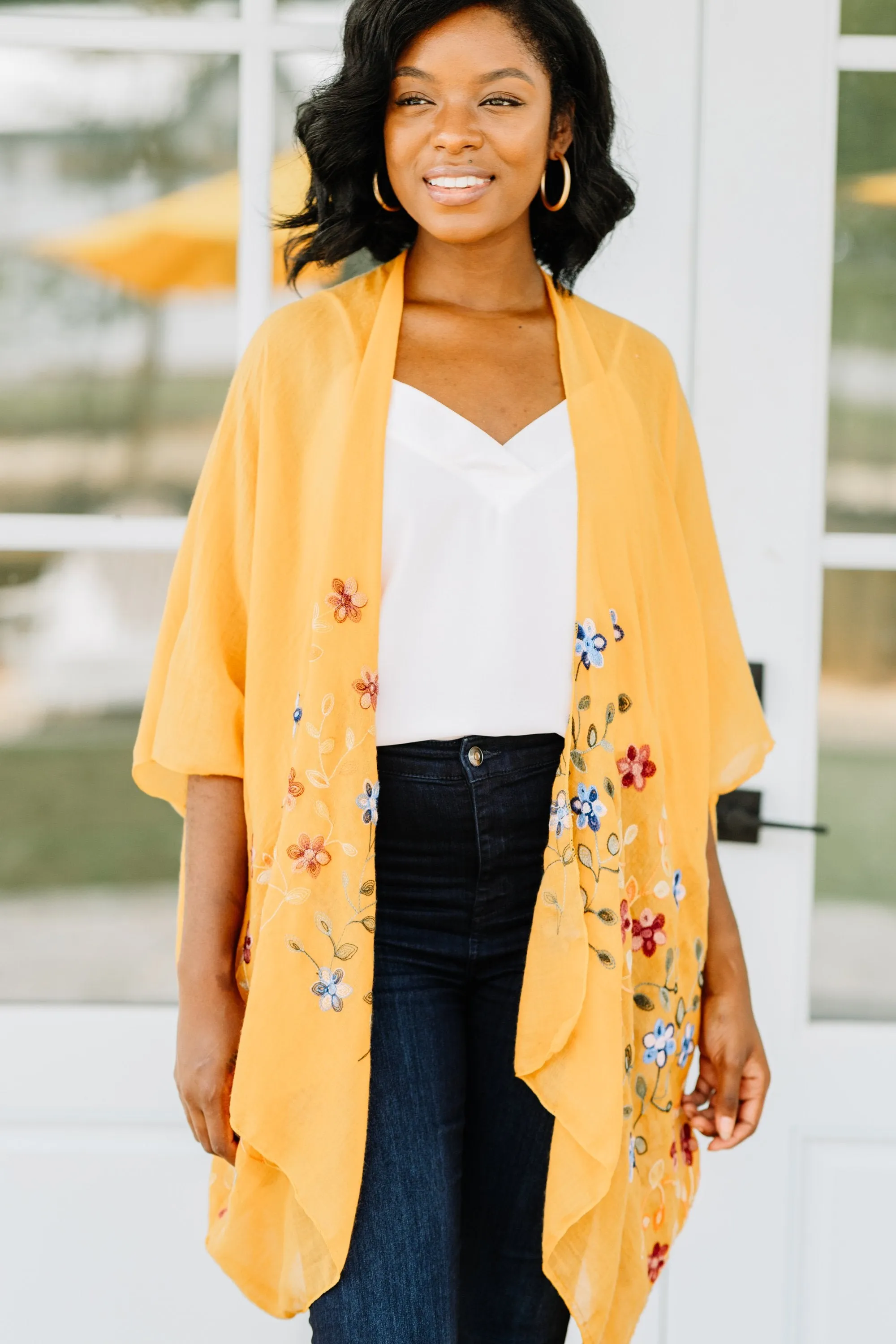 Get Inspired Mustard Yellow Floral Embroidered Kimono