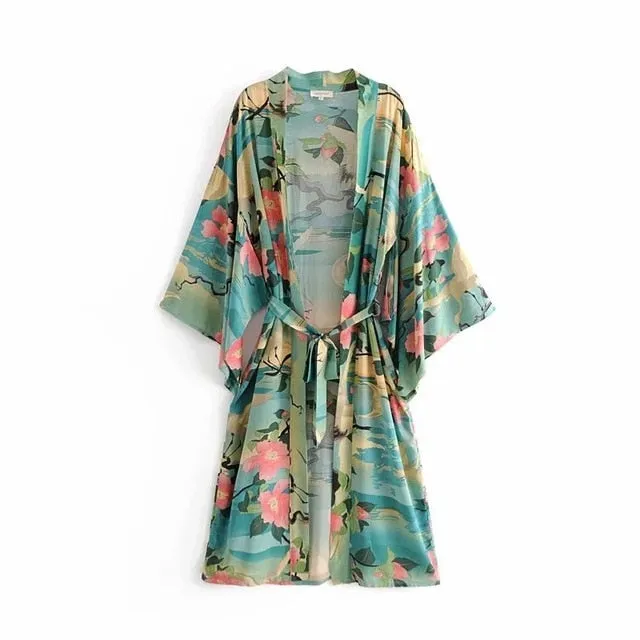 Green Floral Print Kimono Cardigan