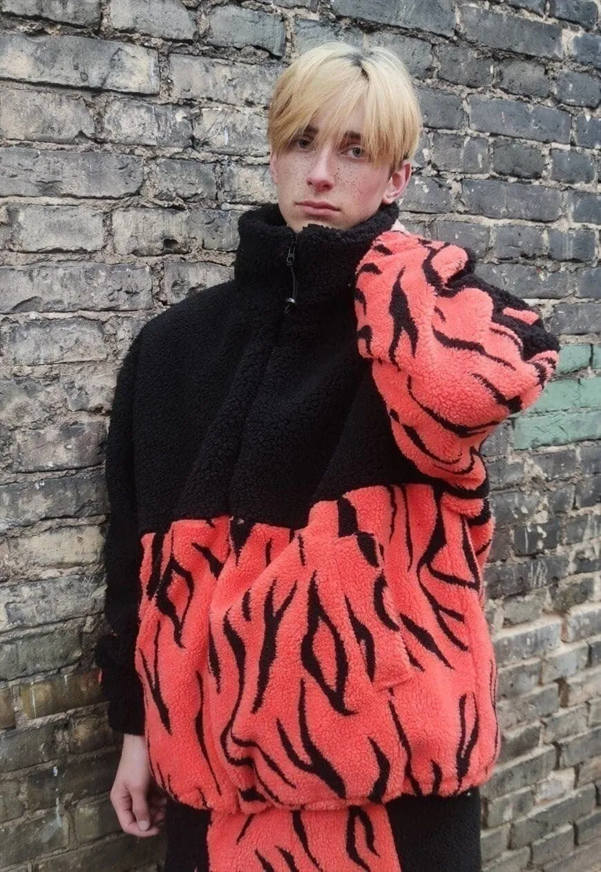 Grunge fleece bomber handmade Gothic zebra jacket in orange