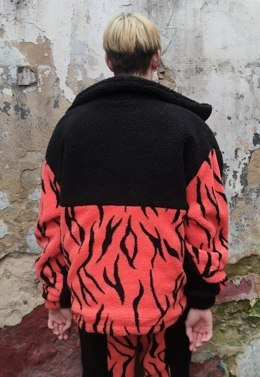 Grunge fleece bomber handmade Gothic zebra jacket in orange