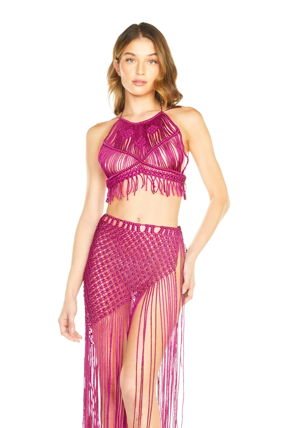 Journey to the Abyss Macrame Top In Fuchsia