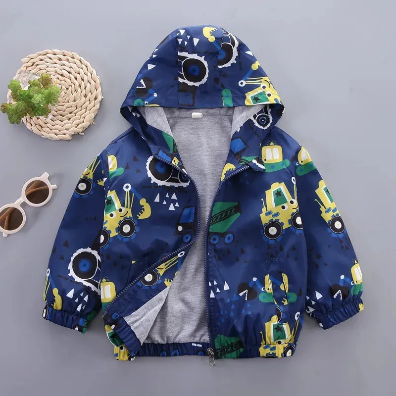 Kids Boys Cartoon Print Long Sleeved Hooded Jackets