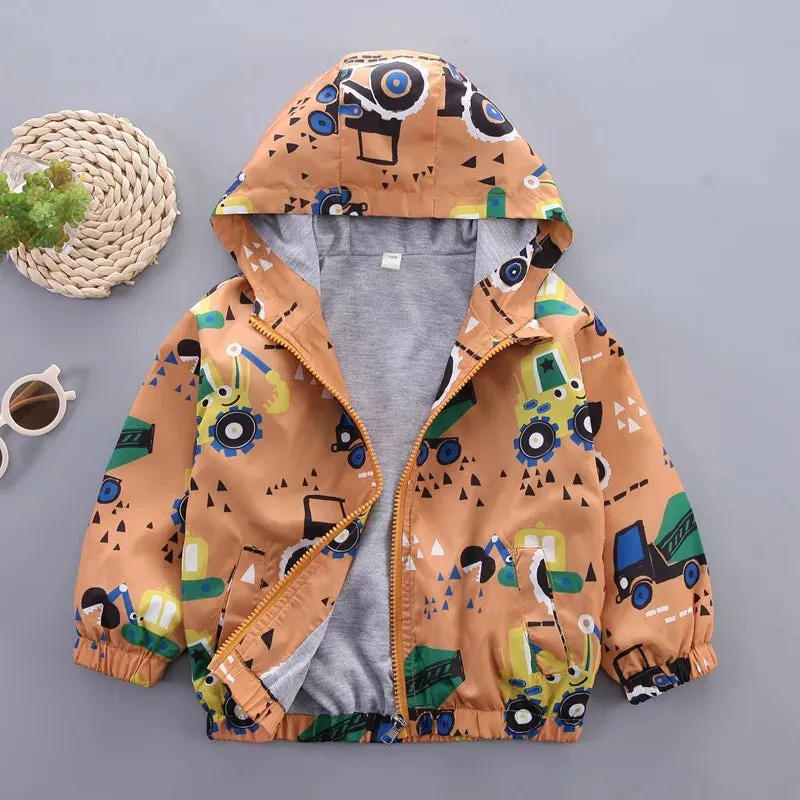 Kids Boys Cartoon Print Long Sleeved Hooded Jackets