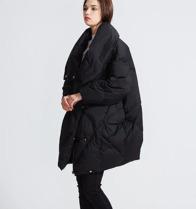 Large Collar Winter Loose Duck Down Jackets Hooded Warm Women Long Down Coat