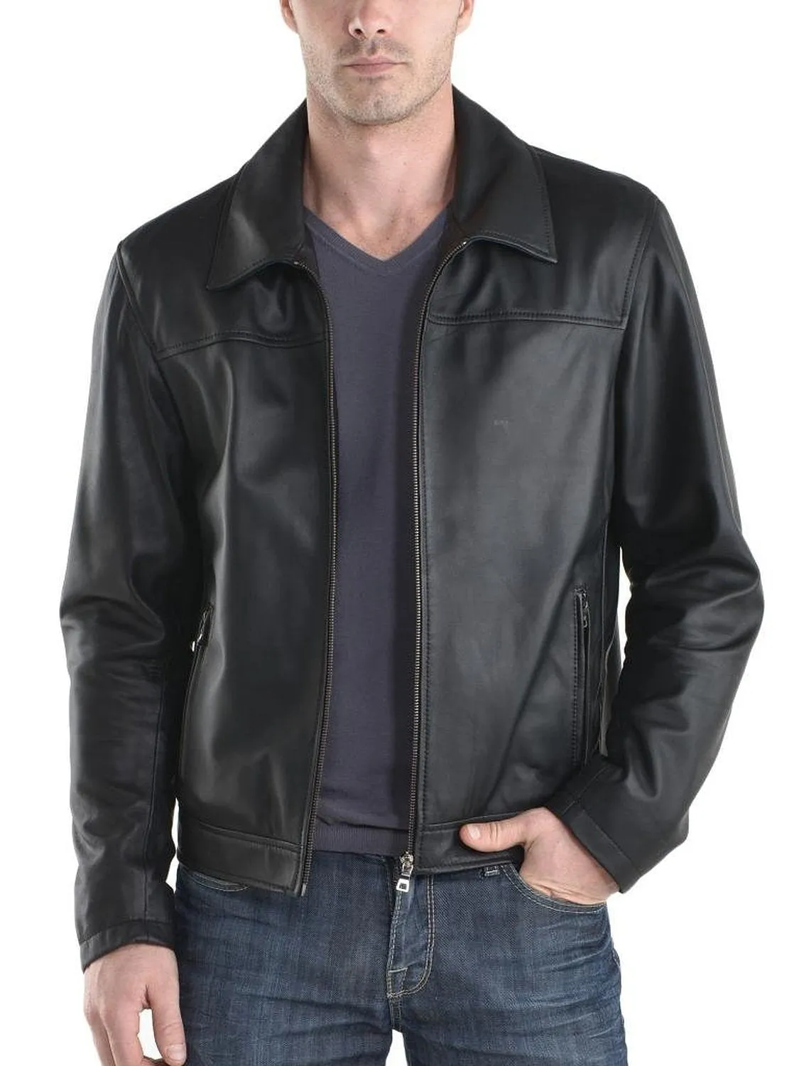 Leather Jackets Hub Mens Genuine Cowhide Leather Jacket (Black, Classic Jacket) - 1501170