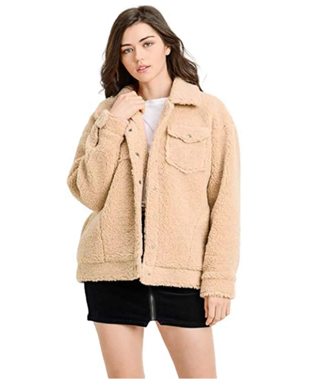 Long Sleeve Faux Fur Outwear trucker Jackets Front Pockets