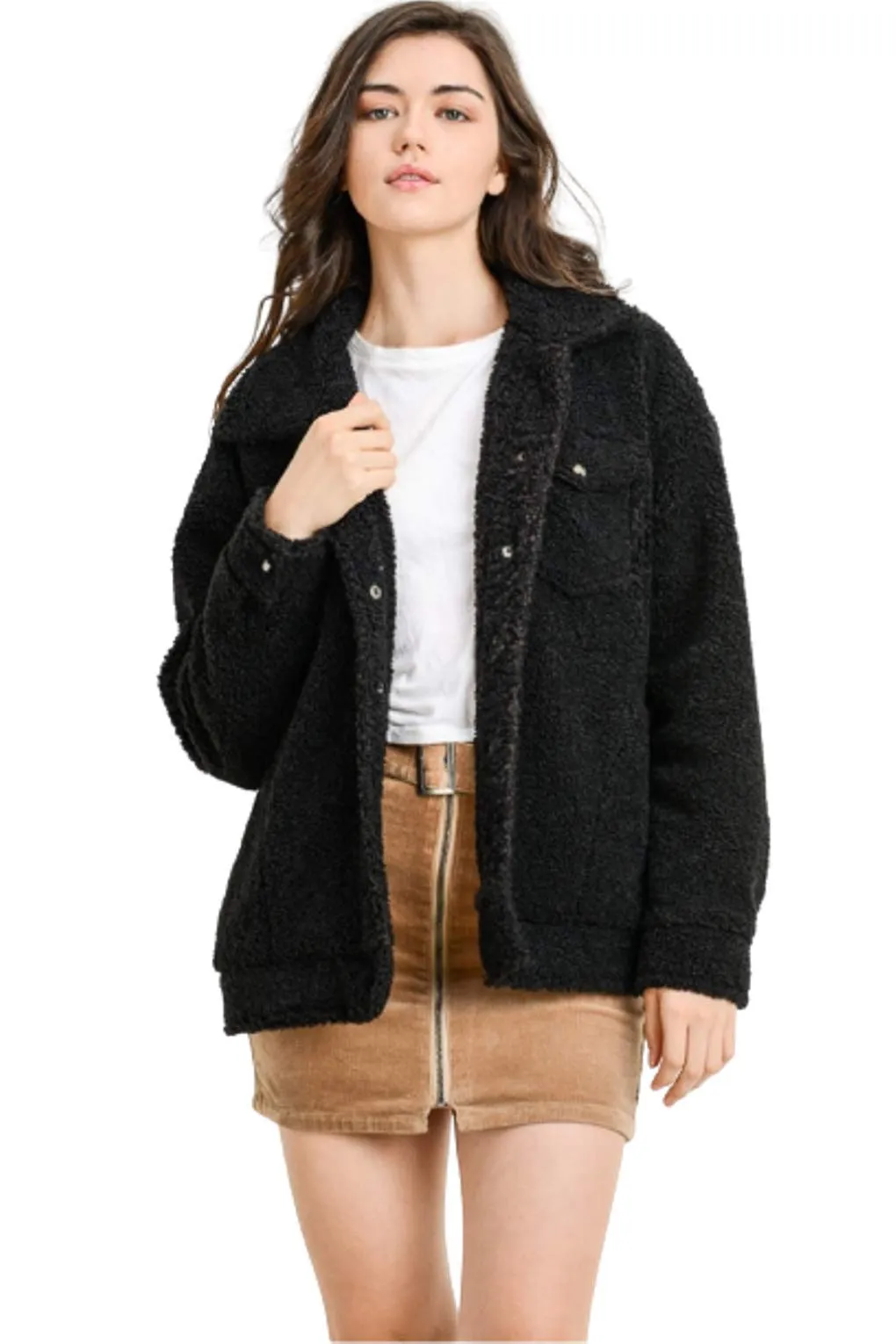 Long Sleeve Faux Fur Outwear trucker Jackets Front Pockets