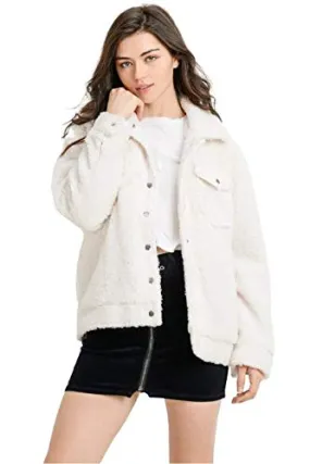 Long Sleeve Faux Fur Outwear trucker Jackets Front Pockets