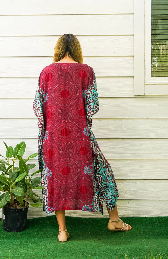 Maroon Mandala Kimono Kaftan Dress