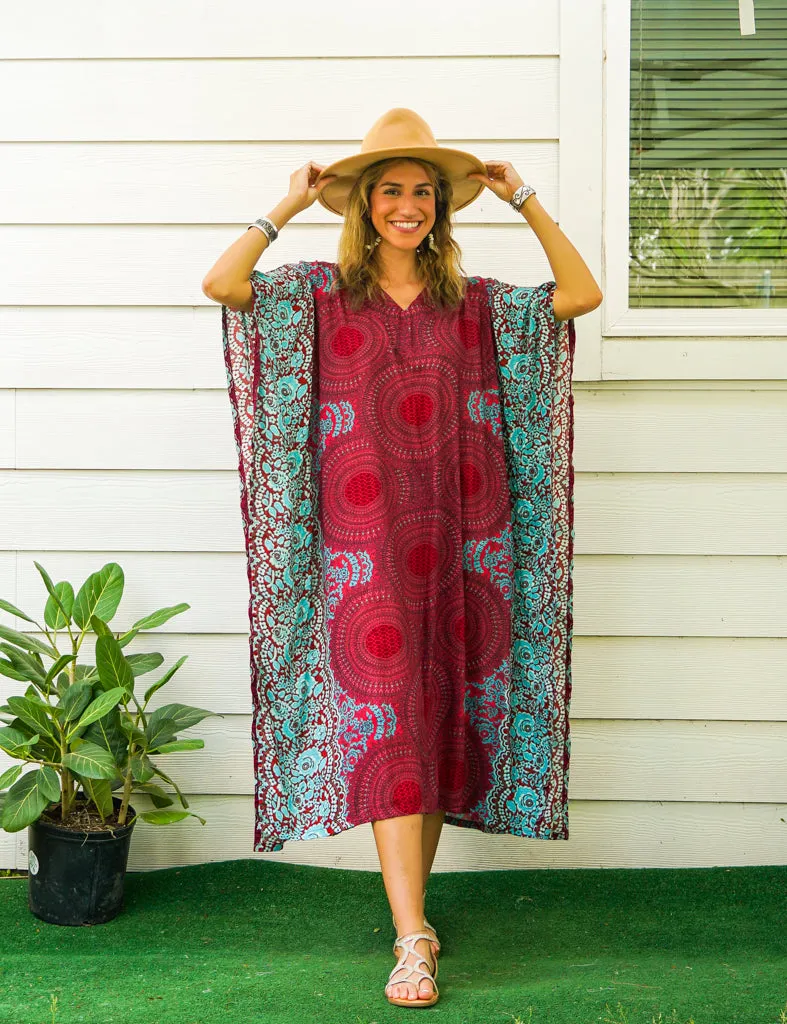 Maroon Mandala Kimono Kaftan Dress