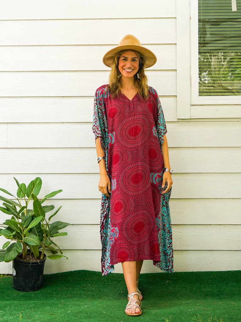 Maroon Mandala Kimono Kaftan Dress