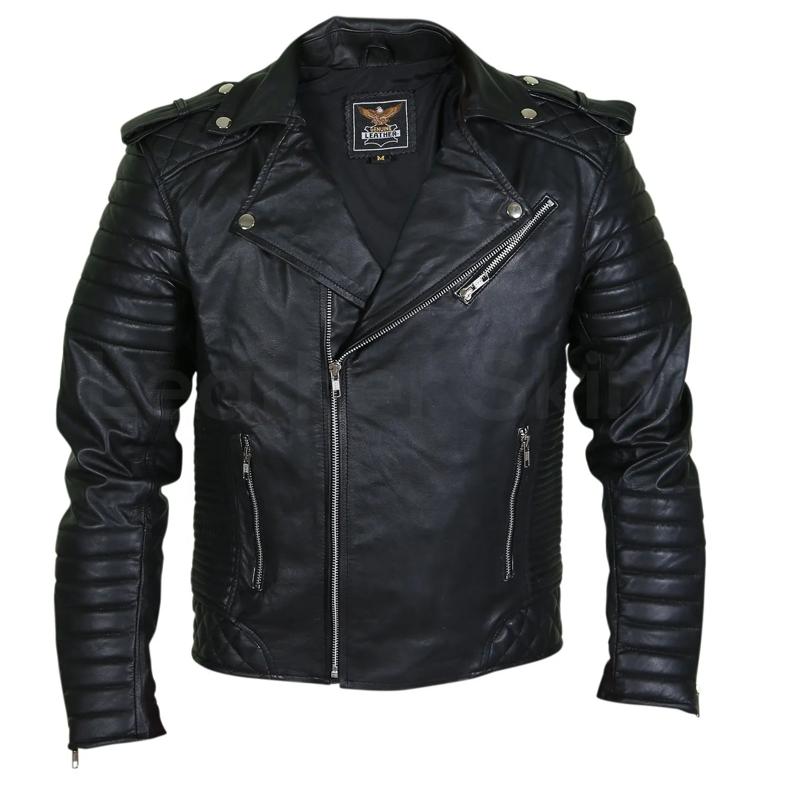 Men Black Brando Motorcycle Leather Jacket with shoulder epaulets and padded sleeves