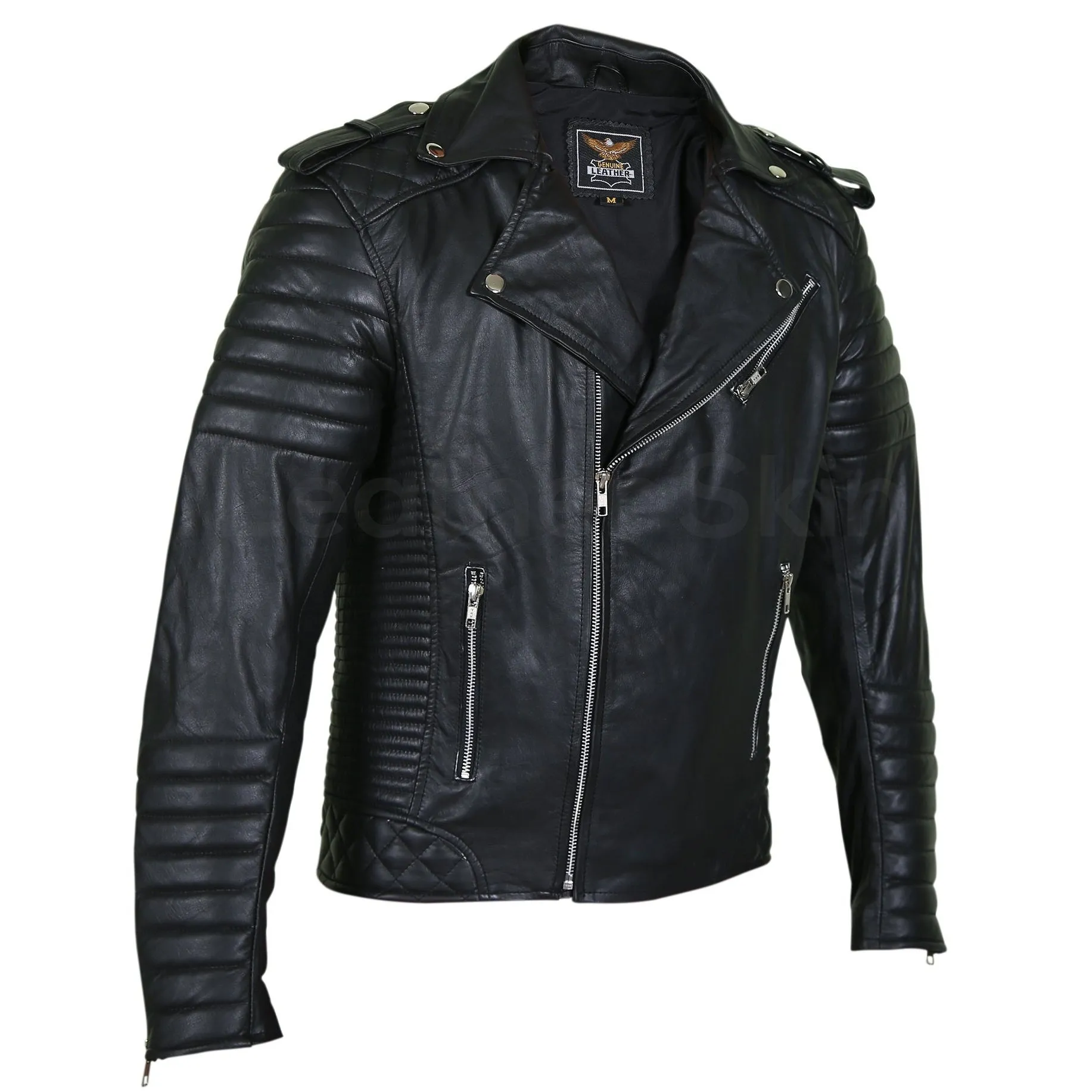 Men Black Brando Motorcycle Leather Jacket with shoulder epaulets and padded sleeves