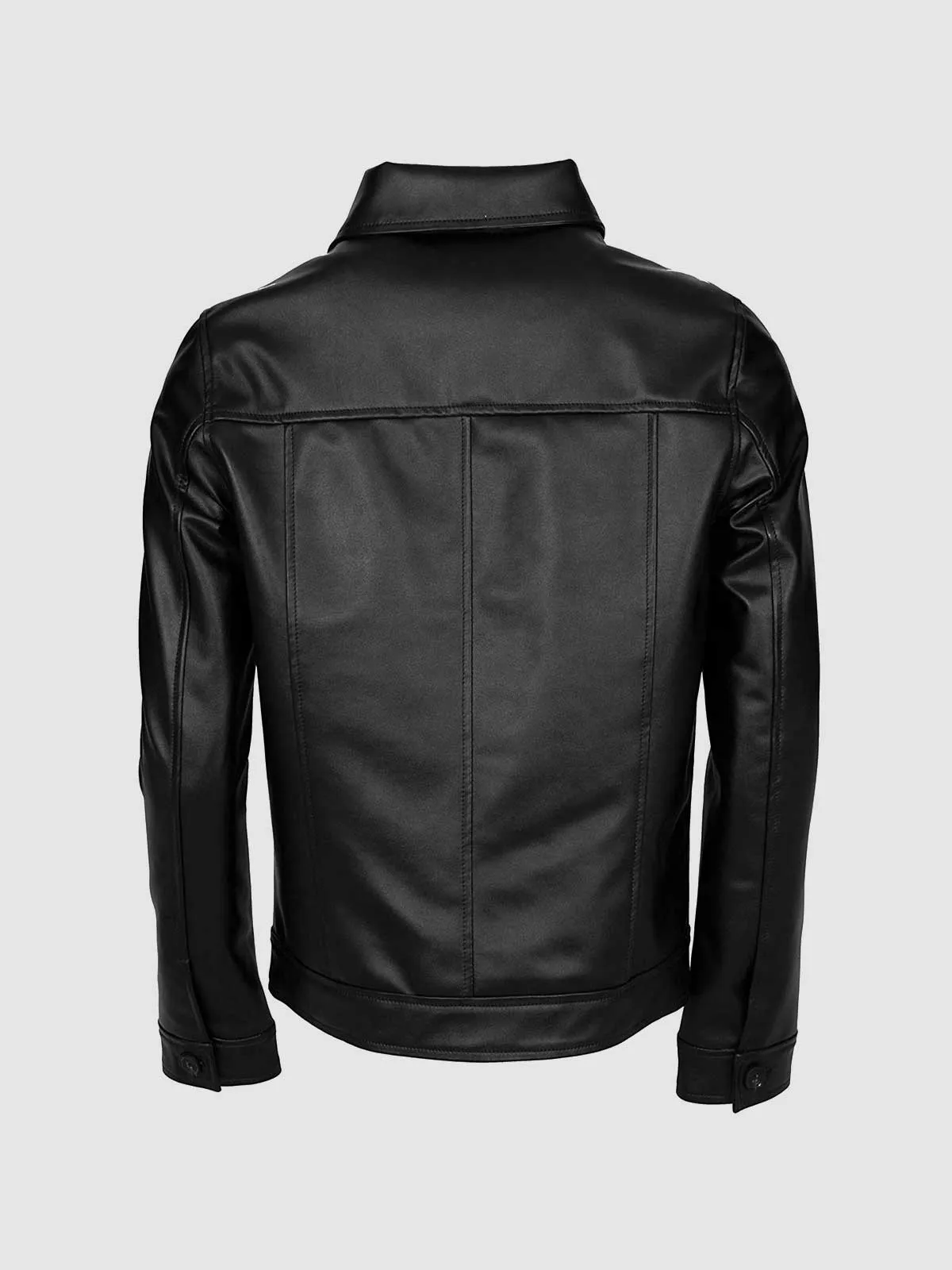 Men Black Leather Jacket with Folded Collar