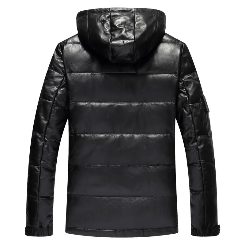 Mens Walker Genuine Hooded Lambskin Leather Puffer Jacket