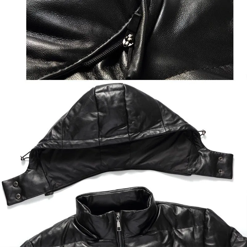 Mens Walker Genuine Hooded Lambskin Leather Puffer Jacket