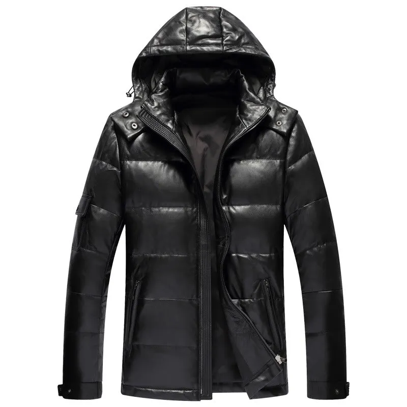 Mens Walker Genuine Hooded Lambskin Leather Puffer Jacket