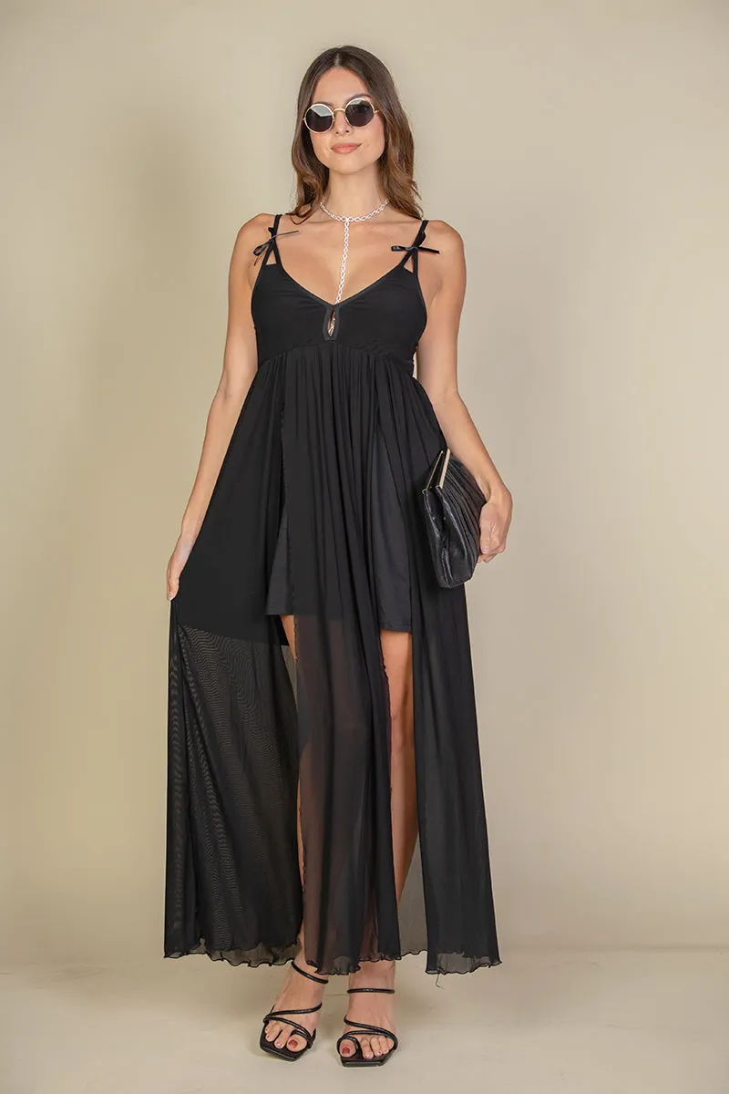 Plunge Neck Split Thigh Mesh Maxi Dress (CAPELLA)