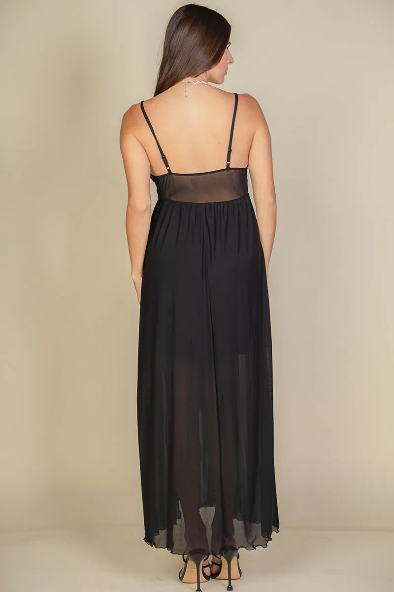 Plunge Neck Split Thigh Mesh Maxi Dress (CAPELLA)