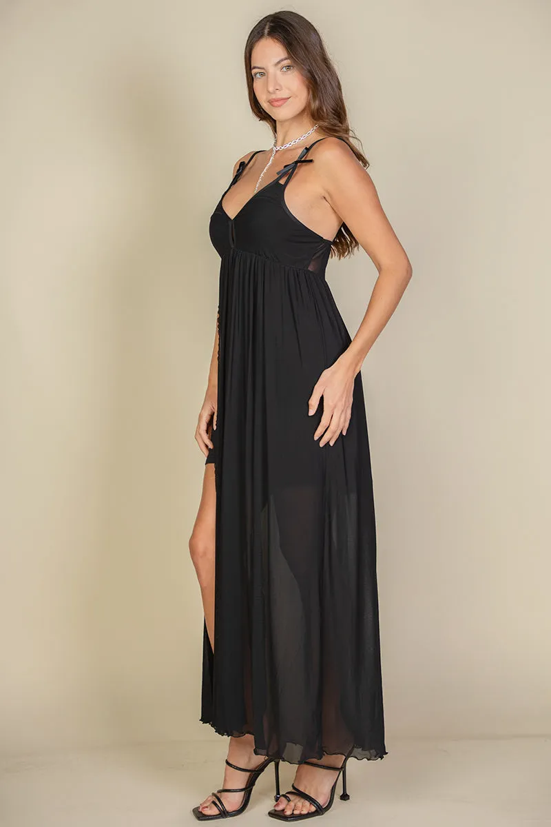 Plunge Neck Split Thigh Mesh Maxi Dress (CAPELLA)