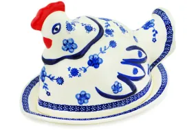 Polish Pottery 14" Dish with Hen Cover Delicate Poppy