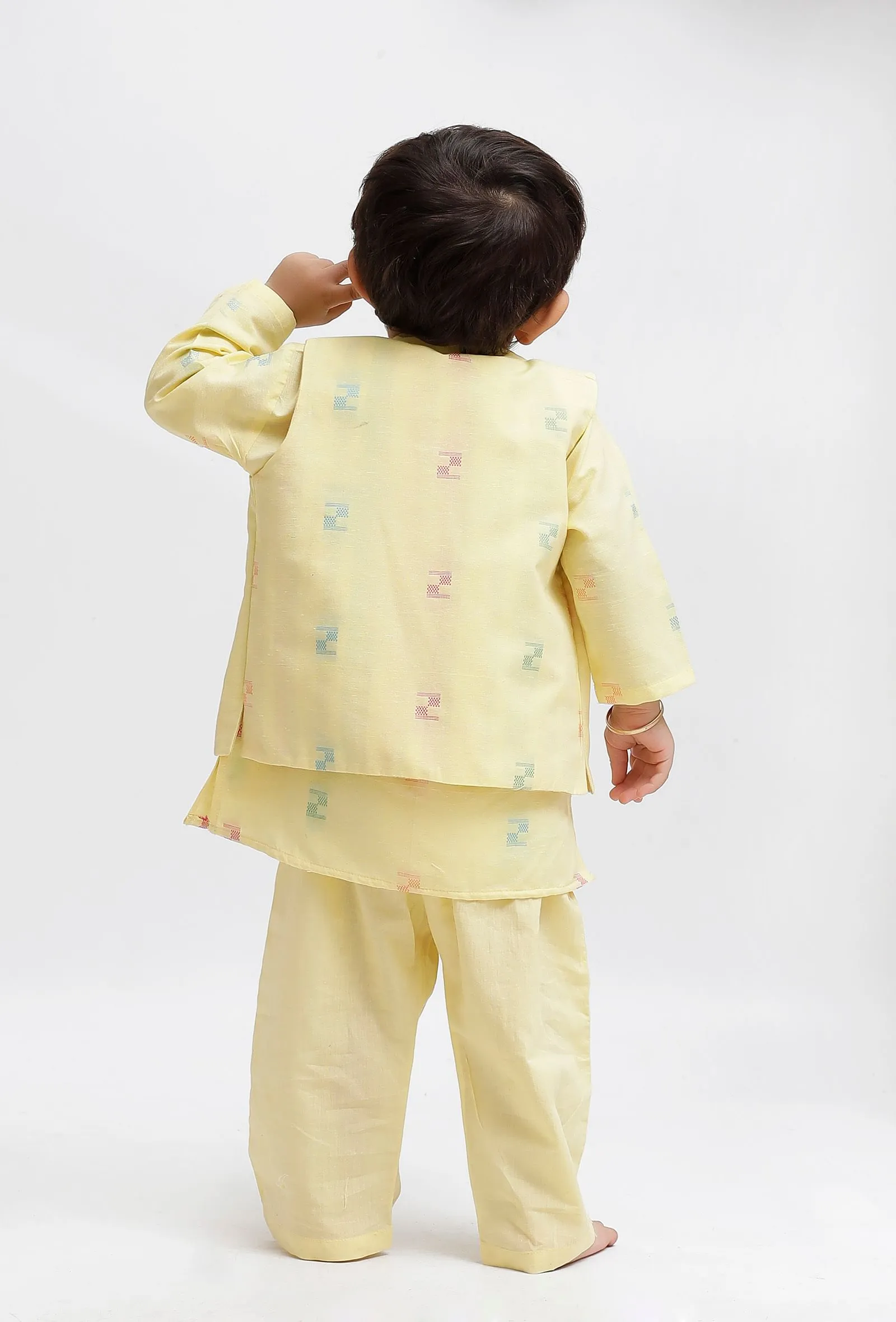 Set Of 3:  Yellow Dobby Kurta and Yellow Pant with Yellow Dobby Nehru Jacket