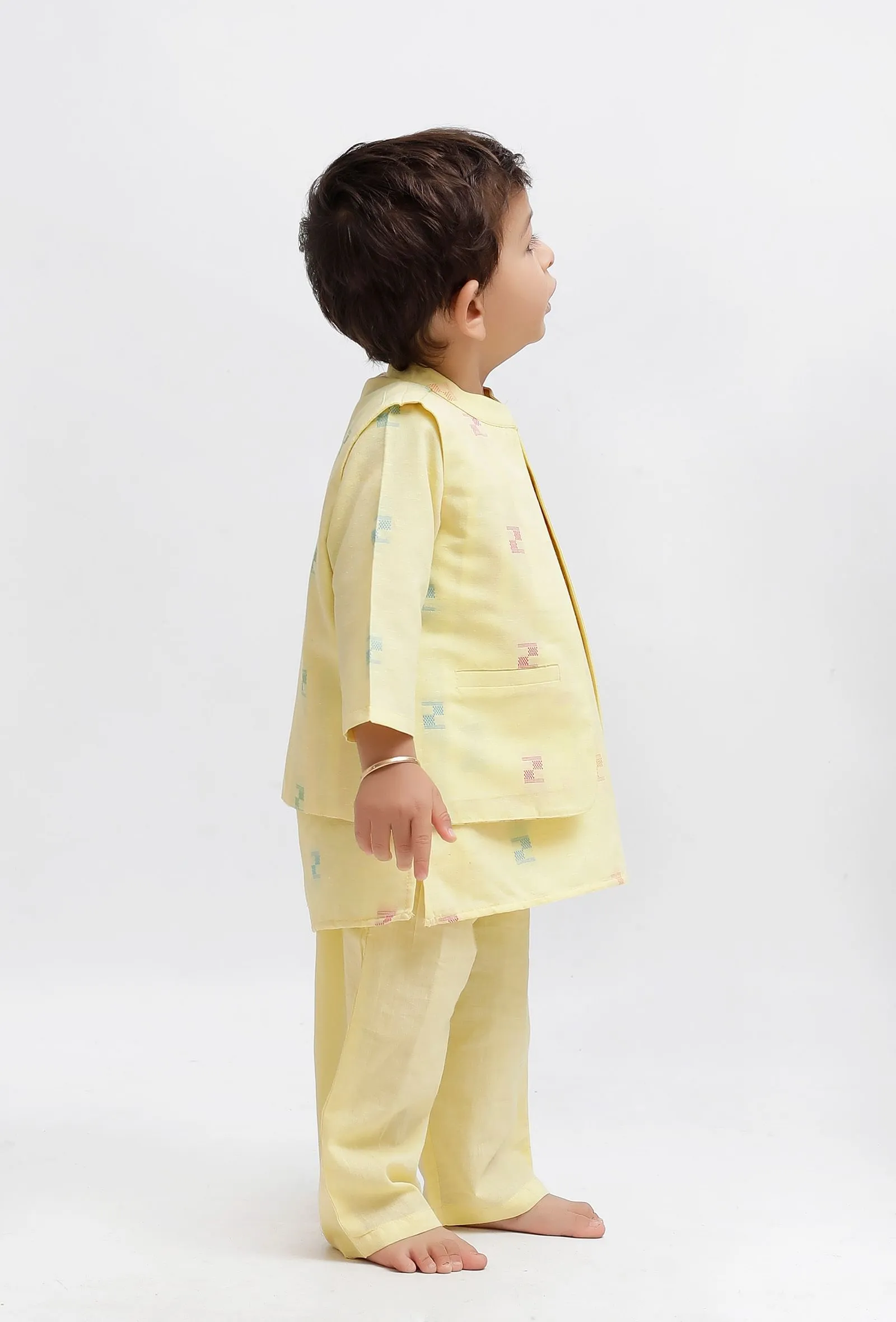 Set Of 3:  Yellow Dobby Kurta and Yellow Pant with Yellow Dobby Nehru Jacket