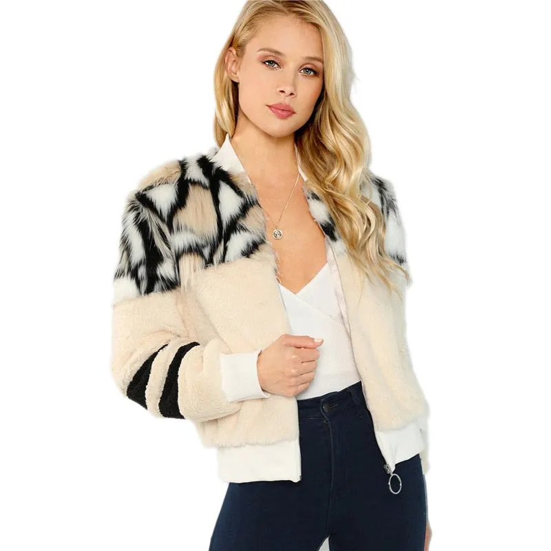 SHEIN Multicolor O-Ring Zip Up Faux Fur Coat Casual Stand Collar Long Sleeve Highstreet Outerwear Women Winter Short Coats