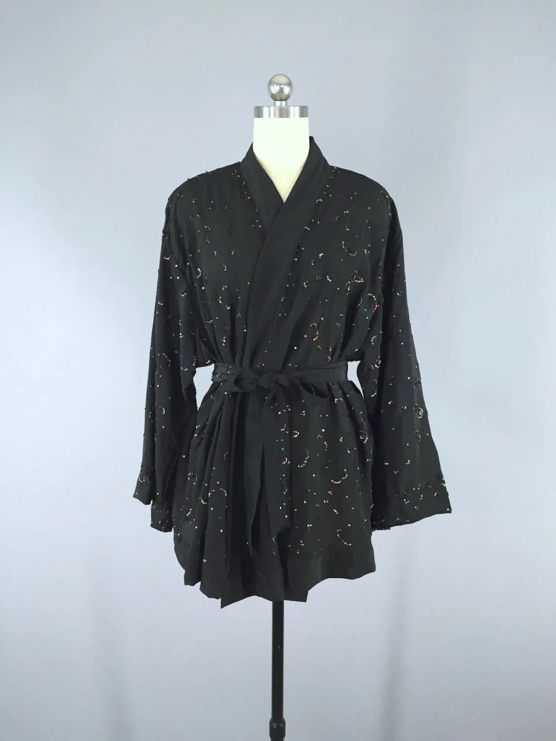 Silk Kimono Cardigan / Vintage Indian Sari / Black Beaded